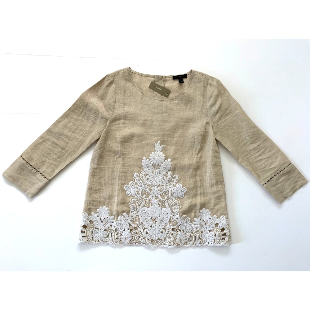NWT J Crew Embroidered Linen Blouse‎ Top Tunic 00 0 Flax White Floral Scalloped